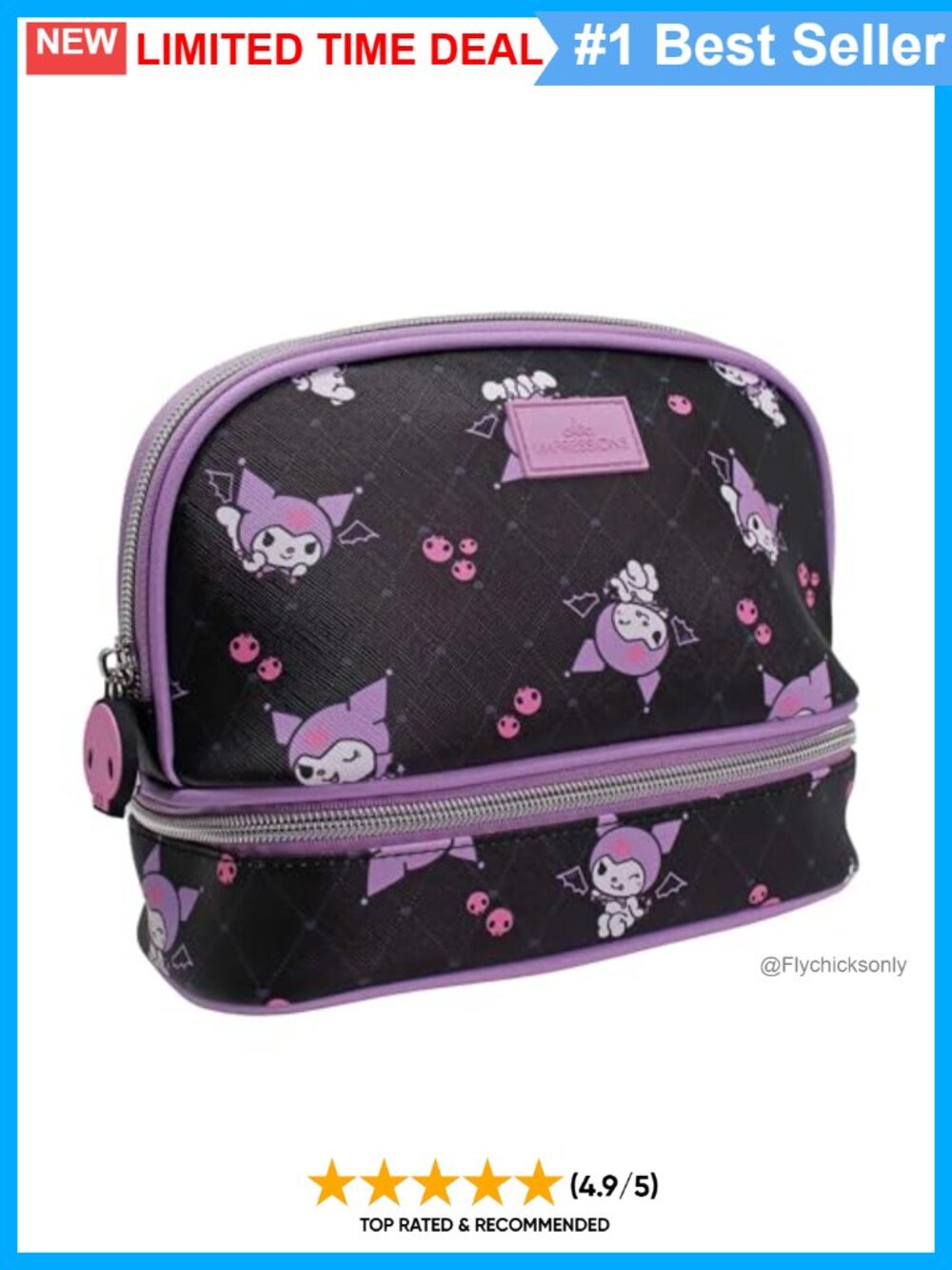 Kuromi Double Layer Makeup Organizer Bag Faux Saffiano Leather Travel Cosmetic